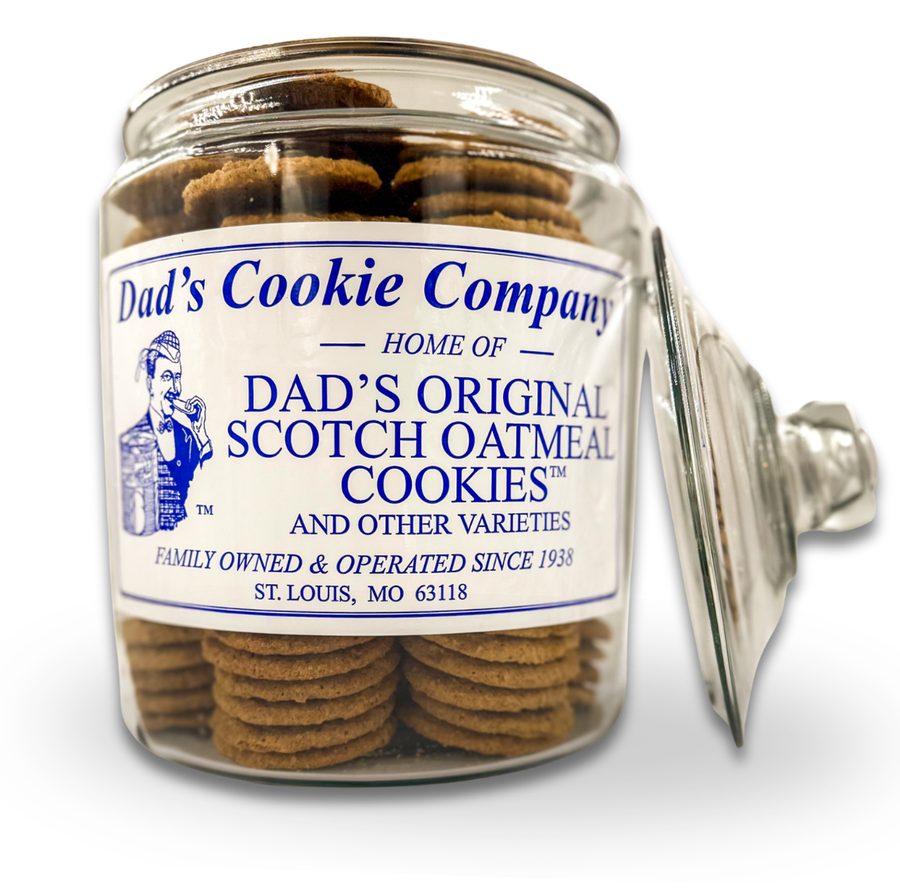 Two-gallon Dad's Cookie Company jar filled with cookies