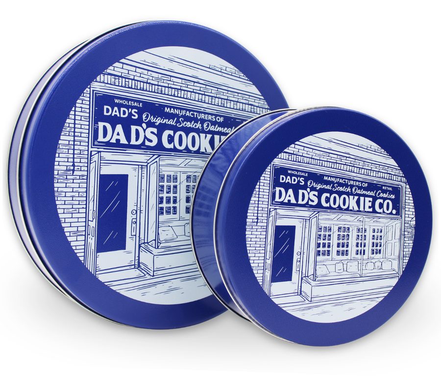 Small and large Dad's Cookie Co. tins